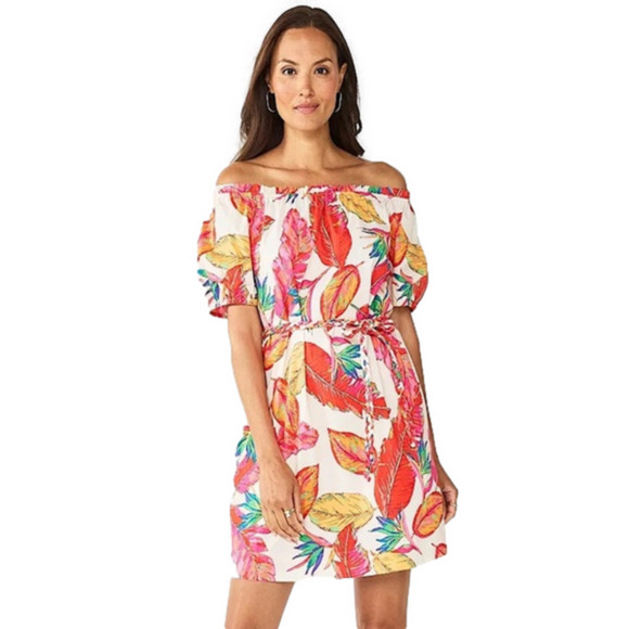 Nine West Off Shoulder Short Puff Sleeve Belted Tropical Floral Print Dress M - Picture 3 of 12